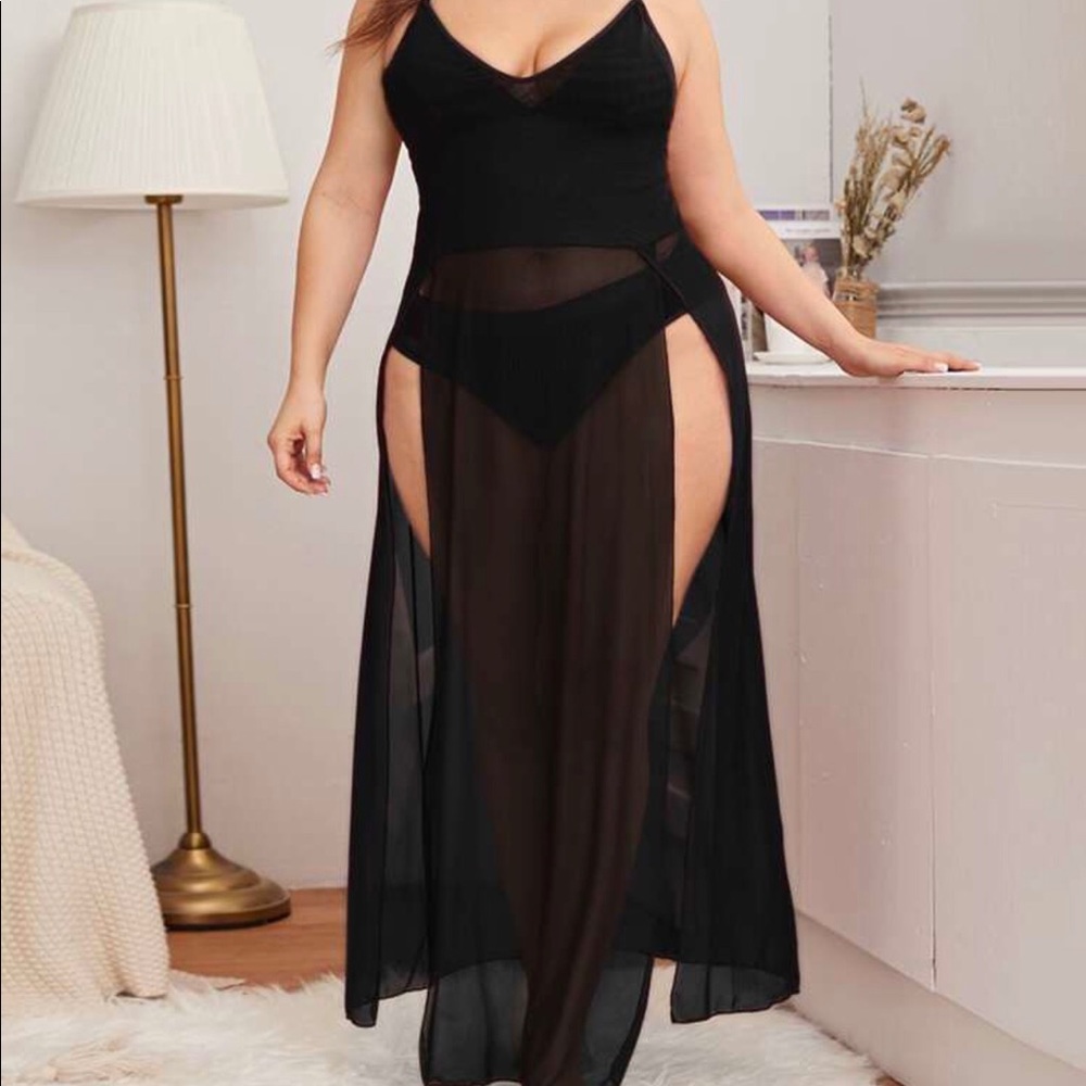Plus Mesh Split Thigh Slips With Panty